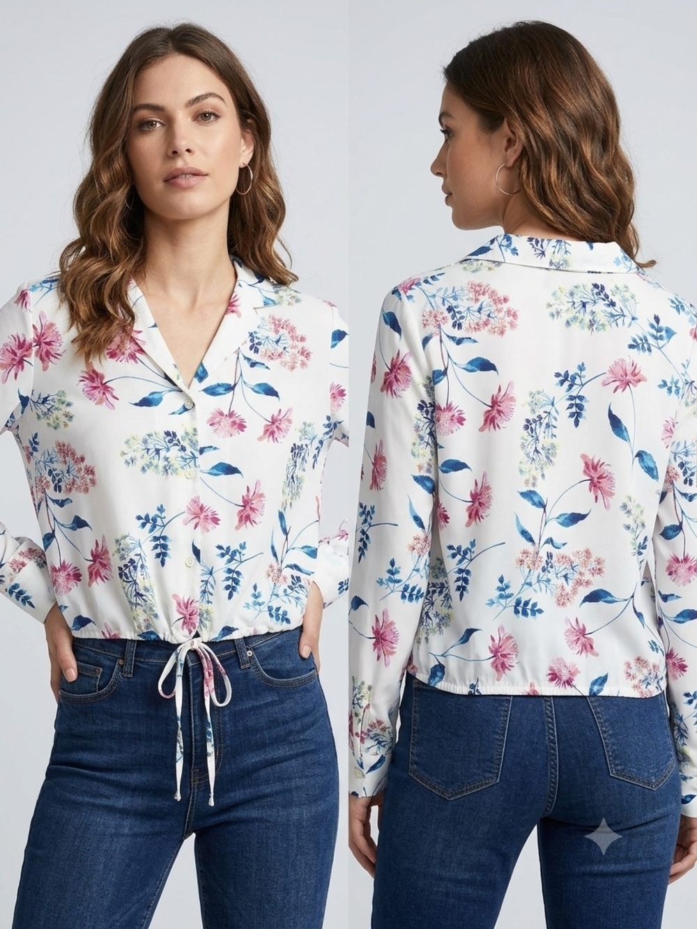 RW&CO. White Floral Drawstring Hem Blouse - Pink & Blue